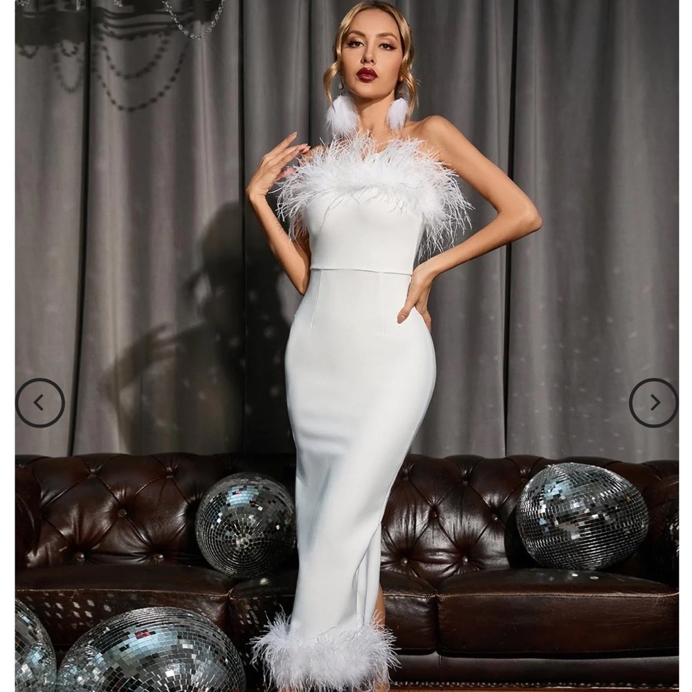White Strapless Feather Trim Evening Dress Glamour - Size M